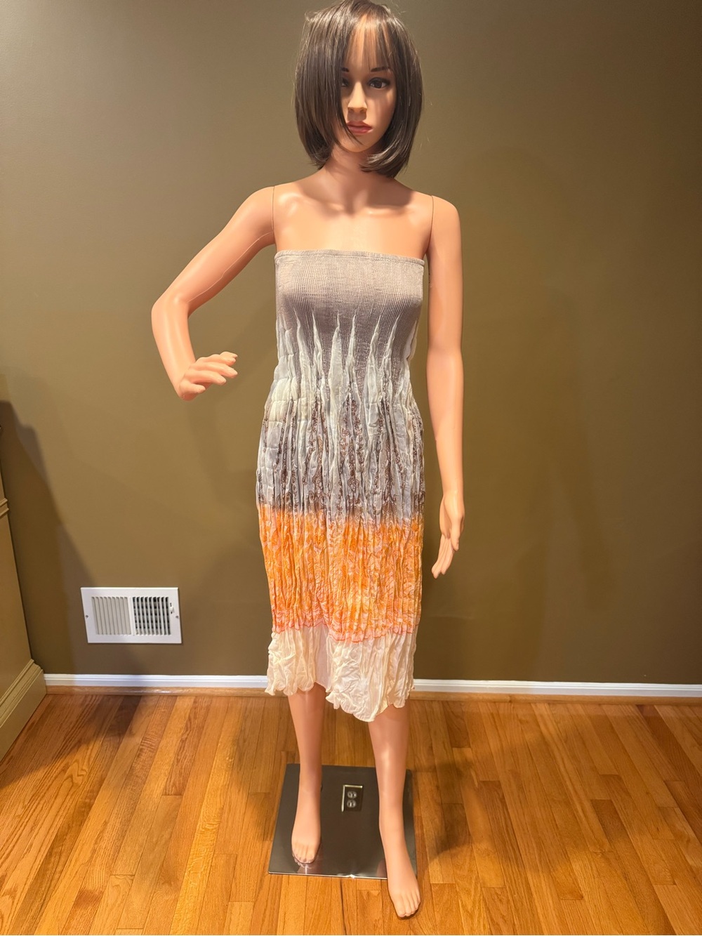 Lapis Strapless Tie-Dye Midi Dress in Taupe, Orange & Cream